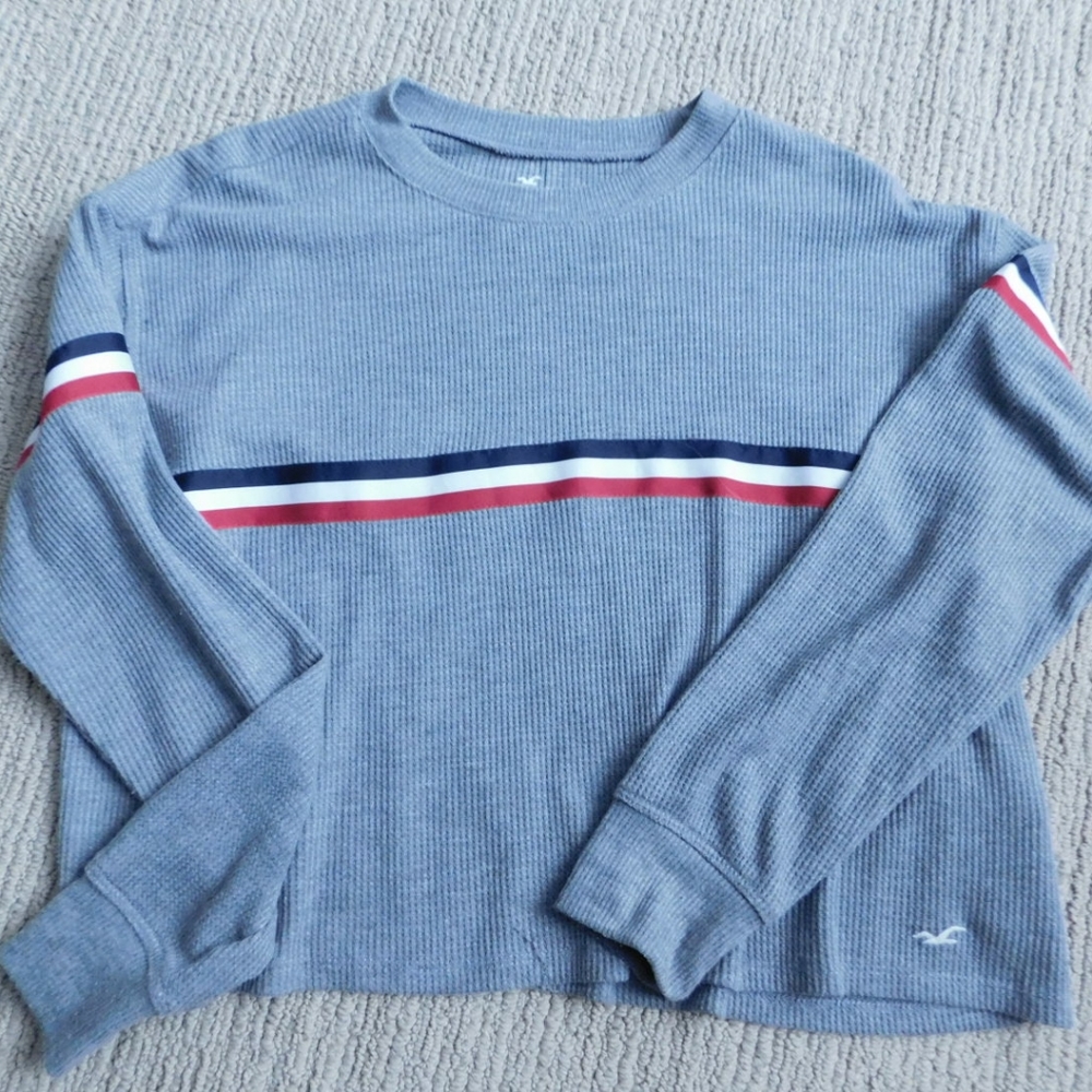 Hollister XS Striped Waffle Knit Long Sleeve Gray